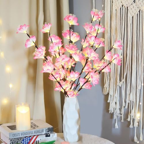 DZAY Frühlingdeko Lichterzweige Lichterketten Plumeria Zweigleuchten,Lichterzweige Innen Twig Lights von Batteriebetriebene Dekorleuchten 25,5 Zoll 20LED für Tischparty Wohnzimmer Schlafzimmer (Rosa)
