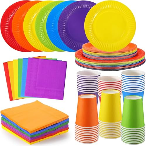LATERN 120 Stück Buntes Partygeschirr aus Papier, 30 x 23CM Essteller & 18CM Salatteller, 30 x 270ml Becher, 30 x 25CM Servietten – für Neon Fiesta Regenbogen Party Dekoration