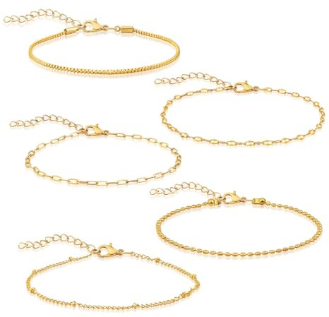 Ouxayapl Armband Damen Gold, 5 Stück Gold Schmuck Set, Damen Armbänder, Armband 14K Vergoldet, Twist Schlange Kubanische Büroklammer Armbänder Schmuck für Mädchen