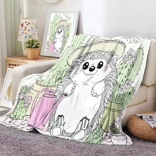 MLSOWM Kuscheldecke Glücklicher Igel, Flauschige Flanell Fleecedecke Kaktusgarten, Sofa Decke Leicht Weiche Decke für Bett Couch, Hellgrün-130x150cm