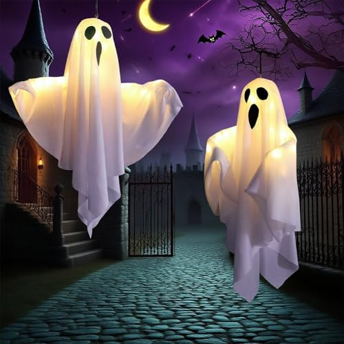 2 Stück Geister Deko Halloween Outdoor, Gespenster Deko mit LED Lichtern Niedliche Fliegende Geister Outdoor Leuchtende Halloween Dekoration für Garten Veranda Baum Garten Draußen Party