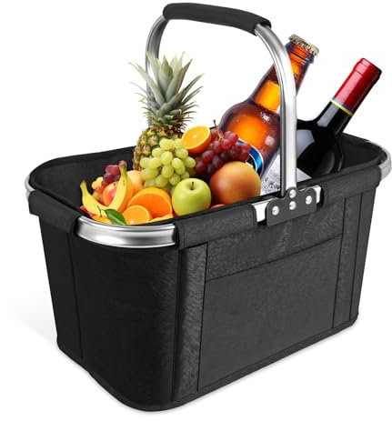 Einkaufskorb Faltbar, 30L Picknickkorb Groß Einkaufstasche, Edelstahlrahmen mit Weicher Gummigriff, rutschfeste Fußmatten, 600D Oxford-Stoff, für Einkaufen Picknick Camping, Schwarz