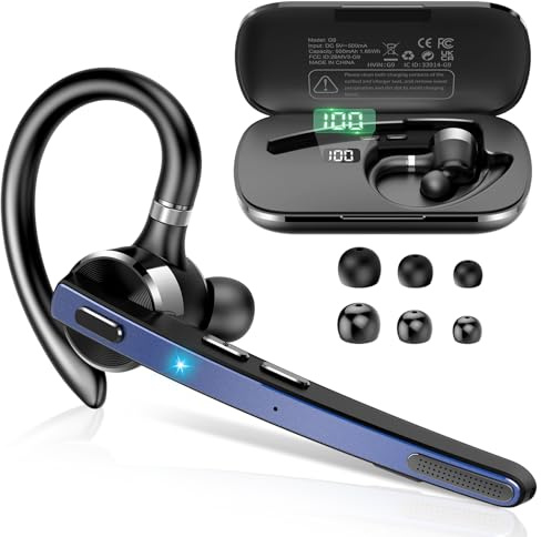 Bluetooth Headset V5.3, Wireless Freisprech Telefon mit CVC 8.0/ENC Dual Mic, APTX, Mute Zwei-Geräte-Verbindung Headset Handy, 90 Std Spielzeit Bluetooth Ohrhörer mit Ladebox für Geschäft/Trucker Blau