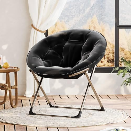 RBFGYIOP Klappsessel Rund Klappbar Mit Armlehnen, Ergonomischer Loungesessel Aus Plüsch, Faltbarer Moonchair Für Wohnzimmer Schlafzimmer Balkon, Tragkraft 136 kg, Schwarz
