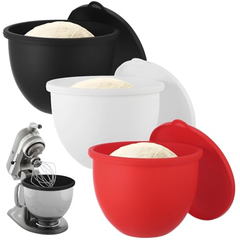 SWEWARM 3 Pcs Silicone Bowl Liners, Fits 5 QT Stand Mixer, Flexible Mixing Bowl Inserts with Lids, Easy to Clean, Ideal for Baking Prep, Dough Fermentation, Red & Black & White