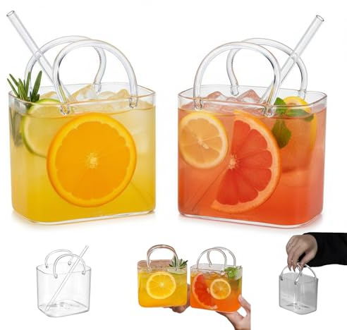 Glass Purse for Drinks, 26oz Large Purse Drinking Glass with Straw | Creative Handbag Shaped Cocktail Glasses & Fish Bowl Vase | Unique Glassware Gift for Women, Party, Juice, Iced Tea