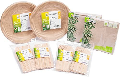 HEKU 170-teiliges Bio-Einweg-Set ‘be Green’, FSC-Zertifiziert , Deutsche Qualität, 100% biologisch abbaubar, mit Tellern, Besteck und Servietten ,Ideal für Veranstaltungen und Partys