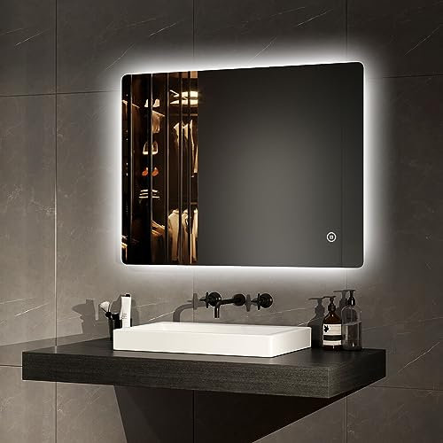 EMKE Badspiegel mit Beleuchtung 80x60cm Einstellbare Helligkeit, Touchschalter, Speicherfunktion, 3 Stunde automatische Abschaltung energiesparend Badezimmerspiegel