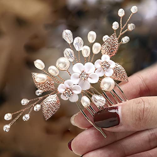 Edary Blumen Haarkamm Rosé Gold Perlen Hochzeit Haarspange Braut Haarschmuck für Frauen und Mädchen