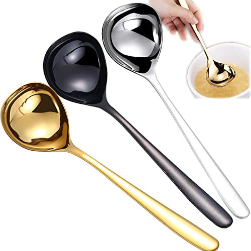 Tianyis 3 Pieza Cucharón para Salsas de Acero Inoxidable, Cucharón de Cocina, Cucharón de Sopa, Cucharas Salsera para Servir, Cuchara de Sopa Duradera para Sopa Chile Salsa Aderezo para Ensaladas