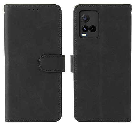 GOKEN Leder Folio Hülle für vivo Y21s / vivo Y21 / vivo Y33s, Lederhülle Brieftasche Mit Kartensteckplätzen, Premium Flip PU/TPU Handyhülle Schutzhülle Case Cover mit Ständer Funktion (Schwarz)