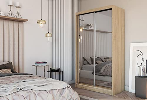 WFL GROUP Moderner Kleiderschrank Schwebetürenschrank mit Spiegel 120 150 180 200 cm - Eiche Sonoma Kleiderschrank für Schlafzimmer mit Schiebetüren - Kleiderstange - 150 cm - Eiche Sonoma