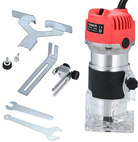 Mulcort 220V 800W Trim Router 30000r/min with Transparent Base Edge Guide Wood Laminate Electric Trimmer Compact Palm Router Corded for Woodworking Trimming Slotting Notching/Aluminum Red/EU
