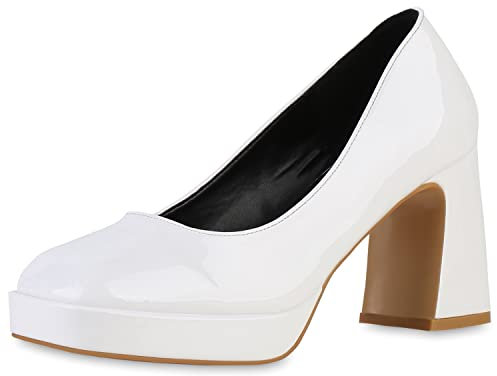 VAN HILL Damen Plateau Pumps Party Blockabsatz Schuhe Eckige Lack Absatzschuhe Elegante Leder-Optik Plateauschuhe 210341 Weiss Lack 39