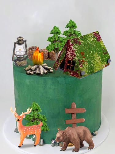 JeVenis Camping Kuchen Dekoration Camping Party Dekoration Tent Bonfire Canoe Tree Squirrel Deer Figures Tortendeko für Hochzeit Hochzeitstag Geburtstag Babyparty