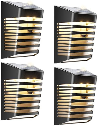 OUSFOT Luces solares para exteriores, 4 unidades, 2 modos, IP66, impermeables, solares, luces de pared para exteriores, luces decorativas de pared para jardín, para patio, camino, porche de piscina