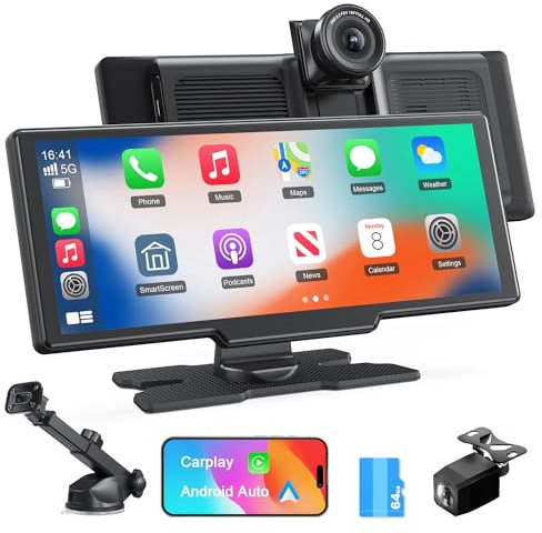 Autoradio sans Fil 9,26'' Apple Carplay Voiture, Dashcam 4K, Caméra Arrière 1080P, Commande Vocale, Écran Tactile, Android Auto, Navigation GPS, Radio Bluetooth, Mirror Link/AUX/FM/avec 64Go Carte