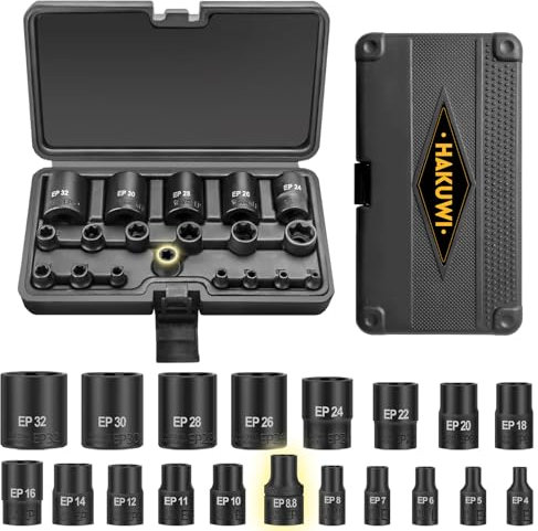 HAKUWI 19-Piece External Torx Plus Socket Set, Ultimate Star Socket Set, 6 Point EP Socket 1/2'' 3/8'' 1/4'' Dr EP4-EP32,5 Point EP Socket 1/2'' EP8.8 Dr E-Torx Plus set, Compatible with Tesla