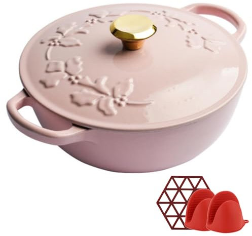 WXFKLDJ 3Qt Cast Iron Dutch Oven with Embossed Lid Enameled Cast Iron Dutch Oven Non Stick Dutch Oven Pot Cooking Pot with Potholders for Open Fire Stovetop Camping,Pink