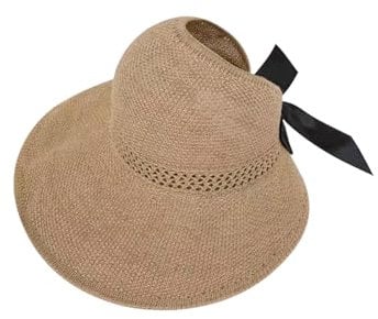 Andiker Straw Hat Women 5 Inches Wide Brim Open Top Design with Fashionable Bowknot Built-in Sweatband Adjustable Foldable Portable Beach Hat (Straw, Khaki)