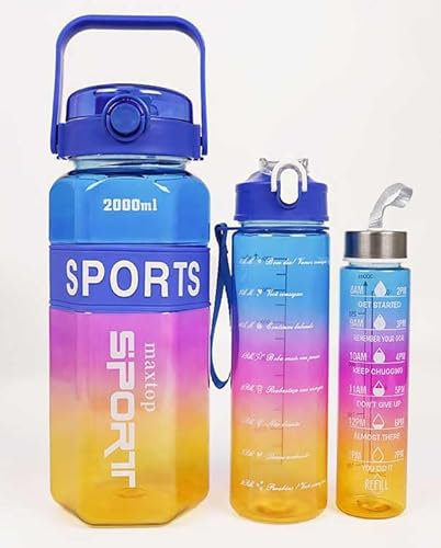 Stock Líder-Pack de Hidratación 3 en 1, Botella Deportiva con Marcador de Tiempo, Tazas Reutilizables en Colores Aleatorios para Gimnasio y Viajes al Aire Libre