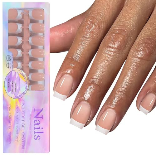 GZMAYUEN French Tip Press on Nails - 15 Stück 150Pcs Nude Coffin Full Cover Nails zum Aufkleben 3 in 1 Soft Gel Künstliche Nägel DIY Nagelverlängerungen