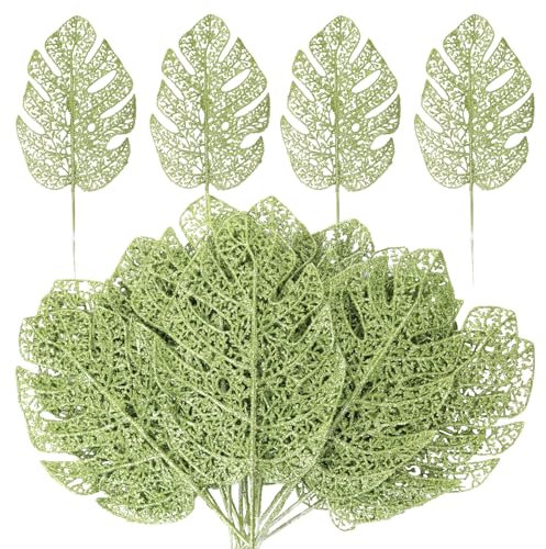 20Pcs Artificial Glitter Monstera Leaves Stems 14.96In Christmas Fake Palm Leaves Picks Faux Monstera Leaves Stems for Christmas Tree Garland Party Holiday Home Table Indoor Outdoor Decor(Green)