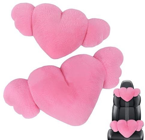 Cuscino per auto a forma di cuore, cuscino a forma di ali d'angelo a forma di cuore, 2 x cuscino per sedile morbido e confortevole per poggiatesta, adorabile cuscino per auto c