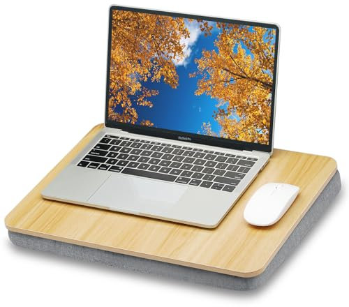 ZEAPTAC Bureau avec coussin d'oreiller, bureau de lit portable pour ordinateur portable jusqu'à 15,6, support pour lit, canapé et moquette, tablette de livre/planche à dessin – Bois marron clair