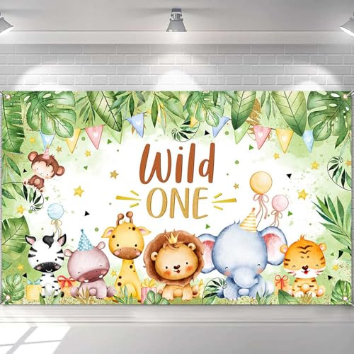 Avezano Wild One Hintergrund Banner Safari Dschungel Tiere 1. Geburtstag Party Banner Dekorationen Junge Kind Erster Geburtstag Foto Hintergrund Banner Party Supplies 70,8 x 43,3 Zoll