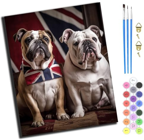 XIAOYOUQIAN British Flag and Bulldog,Paint by Number for Adults,DIY Oil Painting Kits with Brushes and Acrylic Pigment,Canvas Painting Decor Gifts，16 X 20 Inch，-Frameless