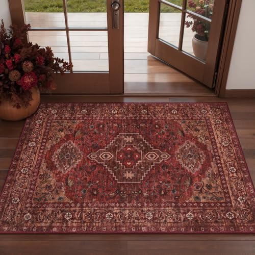 Tangsoo Red 2x3 Washable Entryway Rugs, Oriental Non Slip Small Area Rug | Boho Indoor Front Door Rug, Vintage Door Mat Indoor Entrance Soft Low Pile Throw Rugs for Entry Kitchen Living Room Dark Red