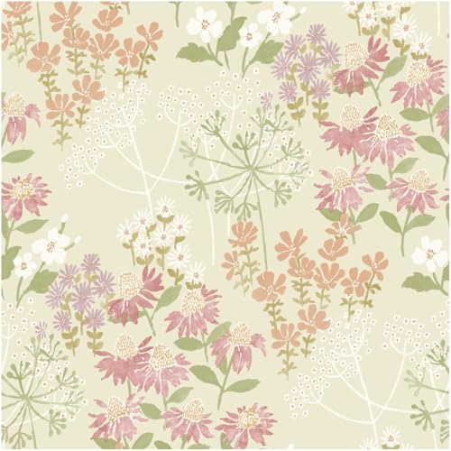 Cream Wildflower Wallpaper – Soft Botanical Meadow Floral Design with Pink, White and Orange Flowers – Nature Inspired Decorative for Living Room, Bedroom or Feature Wall