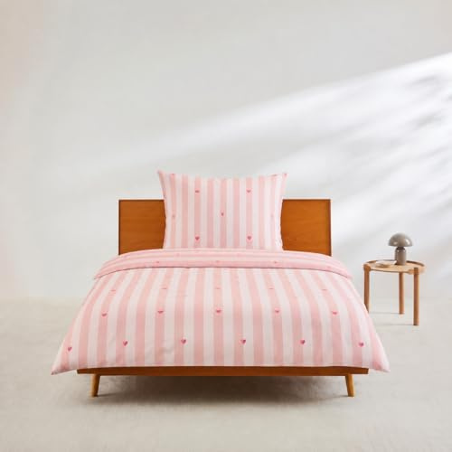 Zeitgeist Ibena Bettwäsche 135x200 cm – Baumwoll Bettwäsche-Set 2 TLG. mit süßen Herzchen, mit Reißverschluss 1x 135x200 cm + 1x 80x80 cm, Mako Satin rosa