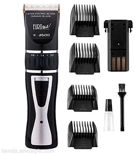 Eurostil Cortapelos K3600 Máquina corte de pelo profesional, color negro - Cabezal cerámico, regulador de corte (0.8 a 2.0mm) - Incluye 2 baterías, 4 peines de corte, kit mantenimiento