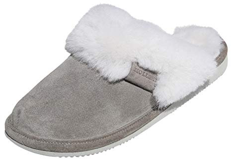 Hollert Leather Lammfell Hausschuhe - Malibu Damen Pantoffeln Fell Schuhe, Grau/Weiß, 41 EU