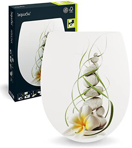 AquaSu WC-Sitz mit Absenkautomatik, Wellness Dekor Armona, Thermoplast Toilettensitz mit Top-Fix Befestigung von oben, ovale Standard O-Form universal, Komfort WC Deckel & WC Brille, 40380 1