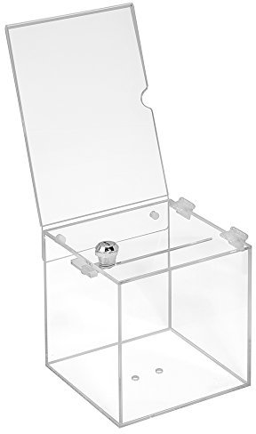 Losbox aus Acrylglas in 150x150x150mm mit Schloß und Topschild DIN A5 Hoch - Zeigis® / Spendenbox/Aktionsbox/Gewinnspielbox/transparent/durchsichtig/Acryl/Plexiglas® / abschließbar/versperrbar