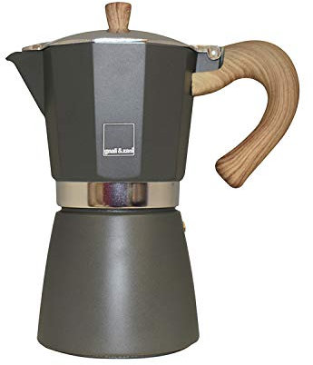 Gnali & Zani Venezia - Caffettiera per caffè espresso | grigio | per 9 tazze | tutti i piani cottura inclusi a induzione | in alluminio | Manici in plastica soft touch effetto legno | Caffettiera da