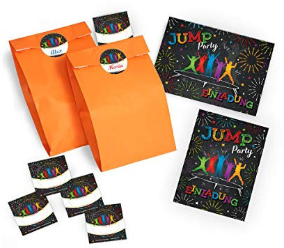 JuNa-Experten 8 Einladungskarten Kindergeburtstag Jump Trampolin Mädchen Junge incl. 8 Umschläge, 8 Tüten/orange, 8 Aufkleber