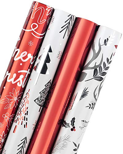 RUSPEPA Geschenkpapierrolle - Rot-Weiß-Hirschpapier Mit Glitter Metallic Foil Shine - 4 Rollen - 76cm X 305cm Pro Rolle