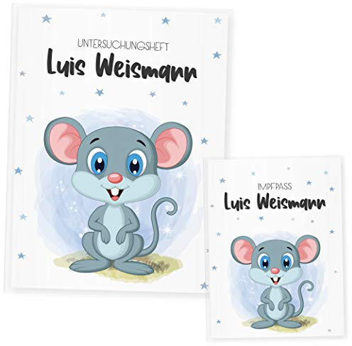 U Heft und Impfpass Hülle Set Babytiere (Uheft Set personalisiert, Maus Blau)