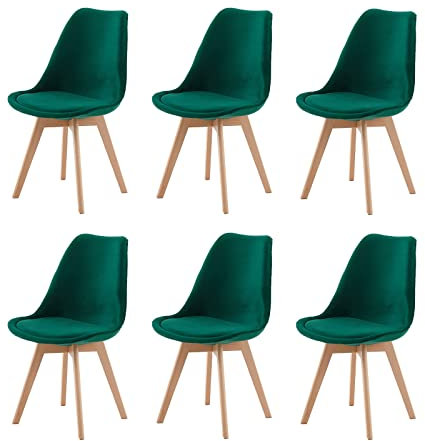 EGGREE 6er Set Samt Esszimmerstühle mit Massivholz Buche Bein SGS Geprüfter, Retro Design Gepolsterter lStuhl Küchenstuhl Holz, Grün