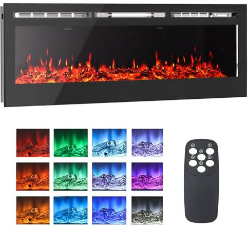 FIDOOVIVIA 40Electric Fireplace, Electric Fire Recessed and Wall Mounted, Media Wall Fireplace with 12 LED Flame Colour Effect & Remote Control,Log Set&Crystal, 2 Heat 900W&1800W, Overheat Protection