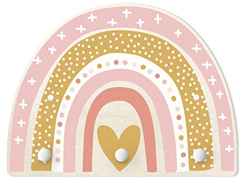 Kindergarderobe Holz - Regenbogen Punkte Herz rosa, Größe HxB: 30x40 cm