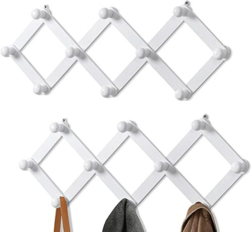 TRSPCWR Akkordeon-Wandaufhänger, erweiterbare Garderobe, Wandmontage, Holzhutaufhänger zum Aufhängen von Mänteln, Hüten, Mützen, Tassen, 10 Wäscheklammern, Weiß, 2 Stück