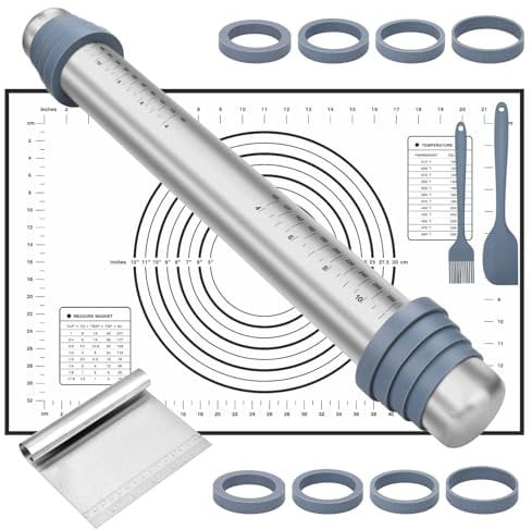 TAVADA Rodillo de Acero Inoxidable,Rolling Pins de Metálicos,Rodillo Antiadherente,con 8Ajustables Anillo,Estera para Hornear y raspador,cepillo de aceite,cortador de masa,para repostería,Pizza