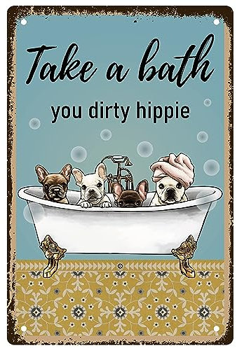 CREATCABIN Take A Bath You Dirty Hippie Tin Sign Dogs Metal Signs Vintage Placas Retro Posters Decor Gallery Wall Art Print Pintura Colgante con Citas para el Hogar Bar Baño Regalos 8x12 Pulgada