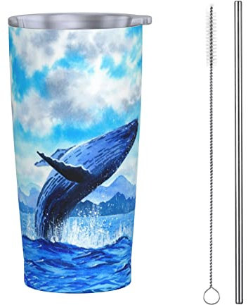 FJAUOQ 590 ml Becher mit Deckel und Strohhalm, Wal Breaching vakuumisoliert, Eiskaffeebecher, wiederverwendbar, Reisebecher, Edelstahl-Wasserflasche