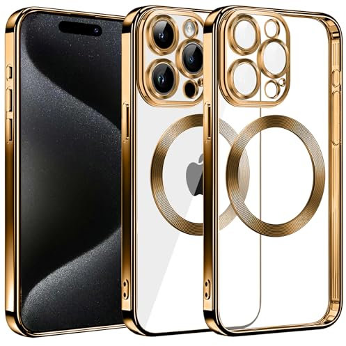 S. Dawezo Magnetisch für iPhone 15 Pro Max Hülle, Kompatibel mit MagSafe, Militärnorm Schutz, Kratzfest, Stoßfest, Kameraschutz, Transparente HandyHülle Case für iPhone 15 Pro Max, Gold